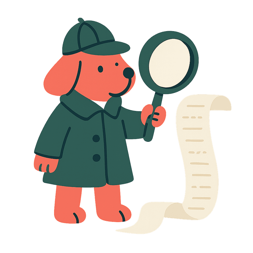 Illustration of a dog inspecting a till receipt with a magnifying glass